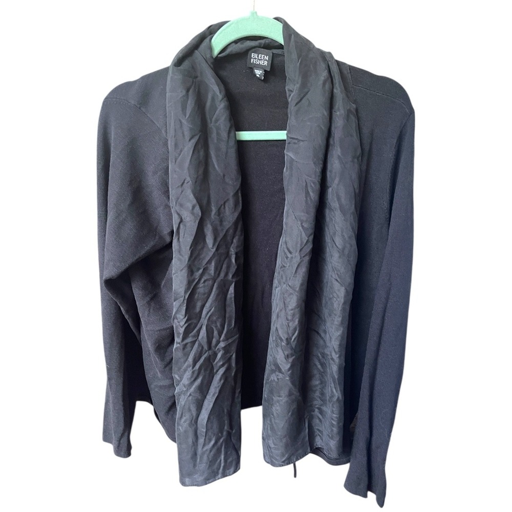 Eileen Fisher Silk Open Front Shawl‎ Collar Cardigan Black XL